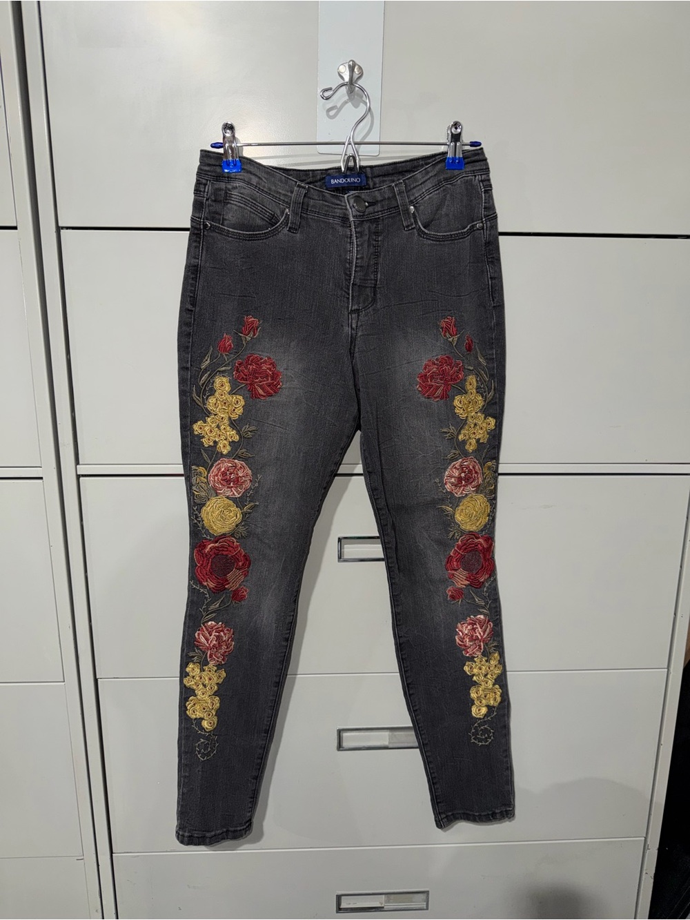 Bandolino Black Skinny Jeans with Red & Gold Floral Embroidery